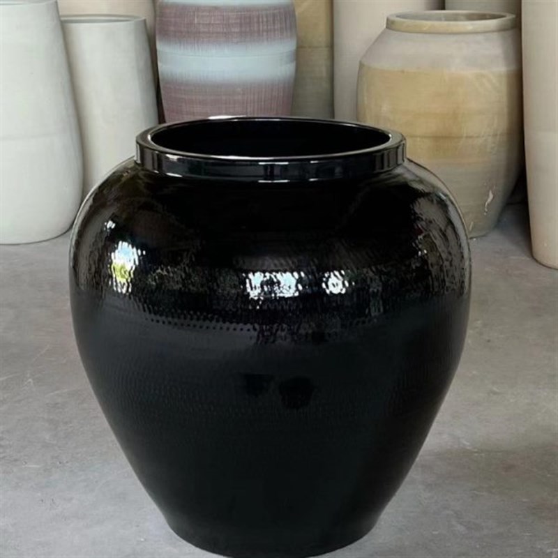 黑色大缸落地陶瓷酒店大厅插花C景观流水坛子餐厅庭院别墅摆件