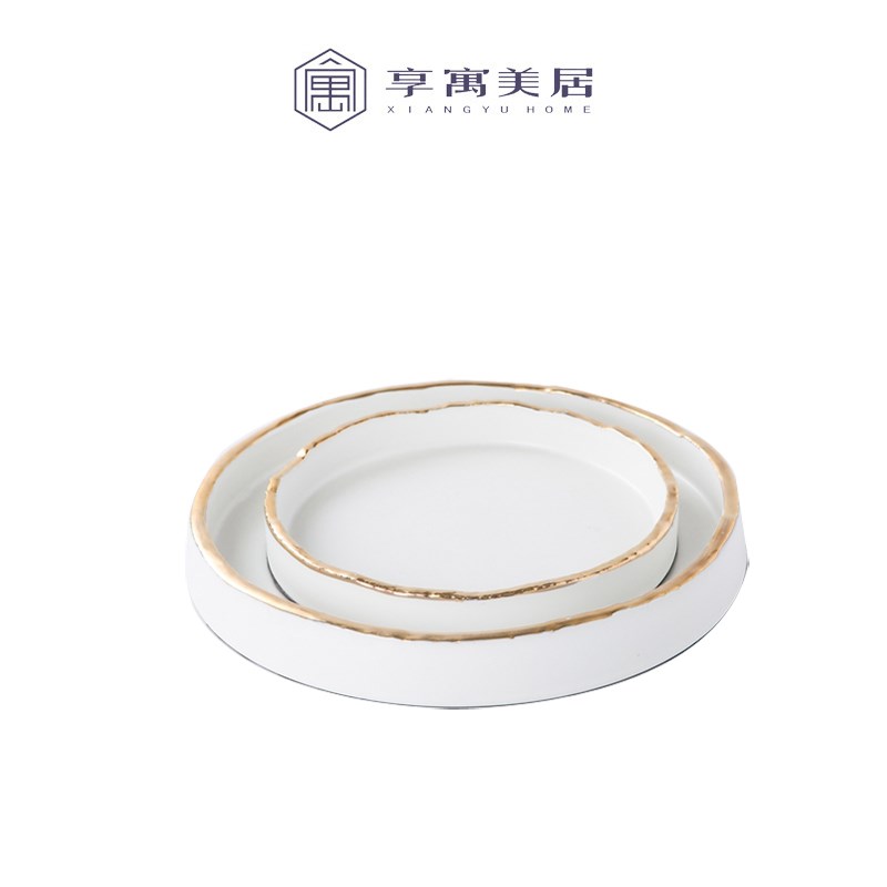 现代简约黑c色托盘摆件白色水果盘圆形样板房间售楼处酒店大堂轻