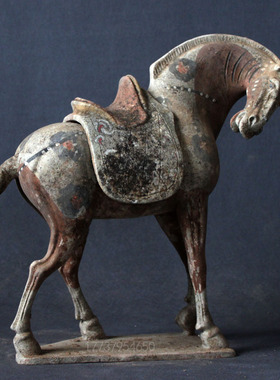 仿古陶马摆件唐代手绘陶器古玩收藏艺术品老货老物件X中式家居装