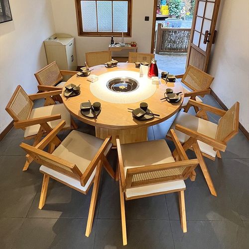 火锅店圆桌d大理石岩o板火锅桌子电磁炉一体商用实木餐桌椅烤肉桌