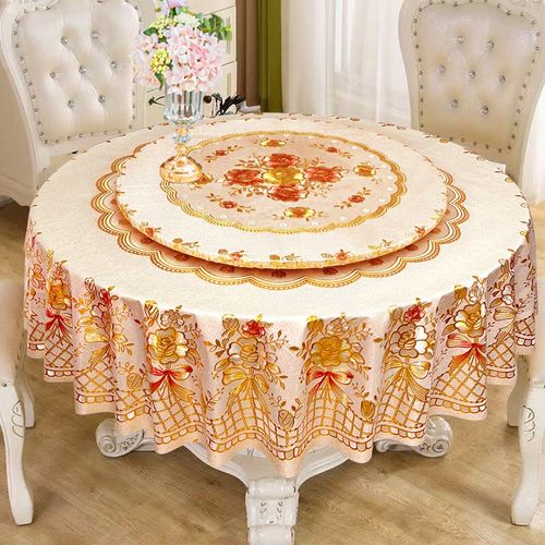 红色喜庆圆形餐i桌带转盘桌布防水防油免洗防烫家用大圆桌台布餐