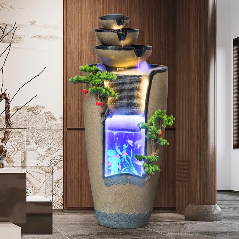 新中式招财鱼缸流水生财摆件室内外玄关电视柜循环水喷泉造景乔迁