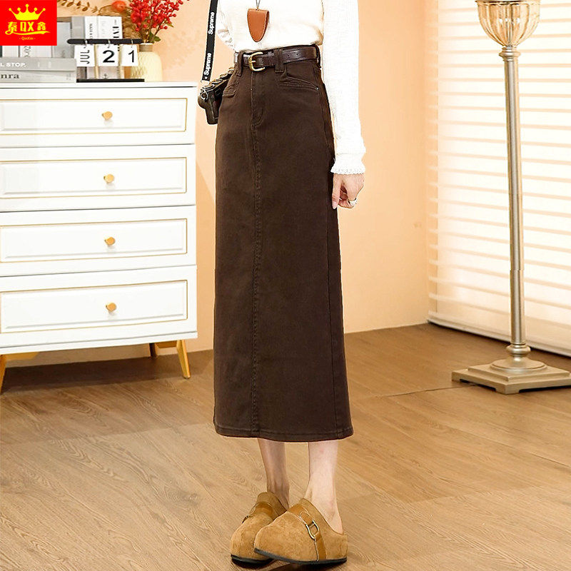 美拉德咖色后开叉牛仔半