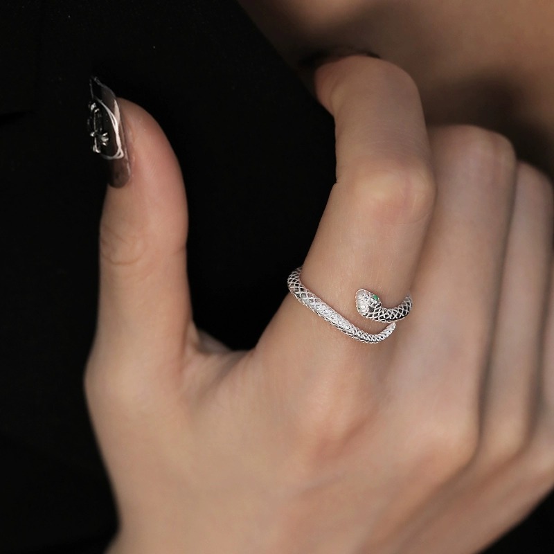 潮典新款S999足银时尚个性生肖蛇开口戒指环小灵蛇戒指女潮人手饰
