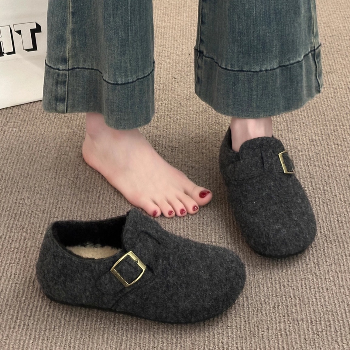 复古毛毡加绒勃肯鞋女2025秋冬