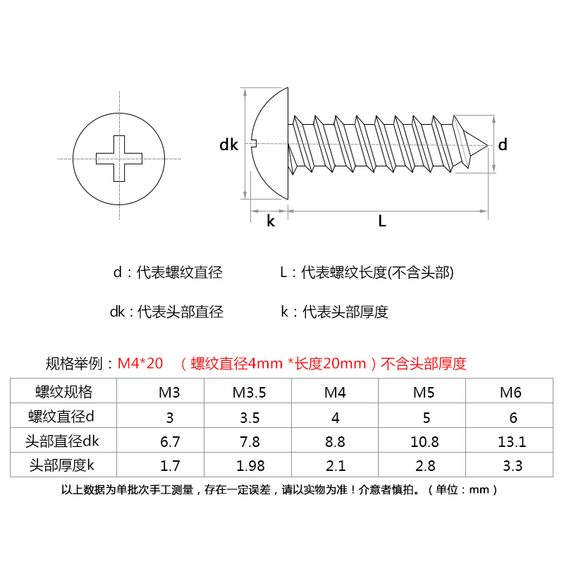 304不锈钢圆头自攻螺丝钉M4My5M6M8 十字槽盘头自攻家装木螺丝钉