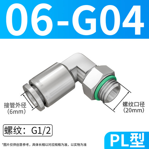 不锈钢G螺纹304气管接头PC8-G02/10-G03带密封圈直角PL6-G01快插