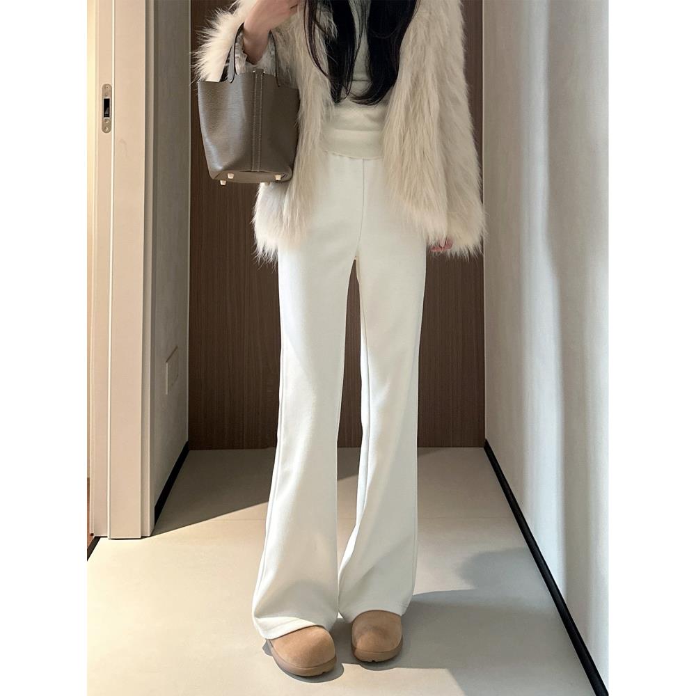 醋酸羊毛呢平纹窄版阔腿裤女秋冬加绒直筒裤喇叭垂感微喇糯米裤子