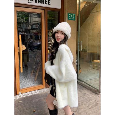 白色水貂绒连帽毛衣外套 通勤风加厚保暖女款针织开衫