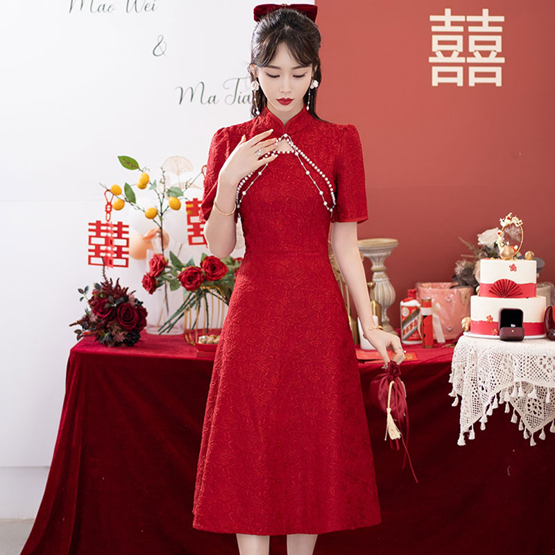 胖mm红色大码敬酒服新娘旗袍订婚礼服连衣M服便装结婚气质中长裙