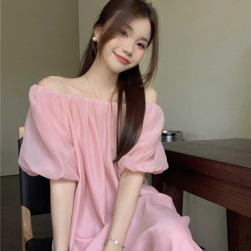 大码胖妹妹mfm宽松夏季显瘦气质一字肩两穿拼接泡泡短袖连衣裙女