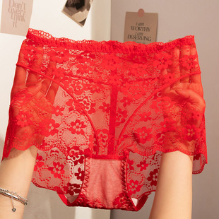 本命年大红色美式内裤女士高腰蕾丝新款性感收腹提臀纯棉裆三角裤