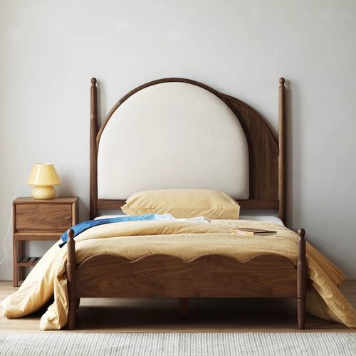 北欧实木儿童床男孩女孩公主床卧室圆背胡桃色单人床中古风软包床