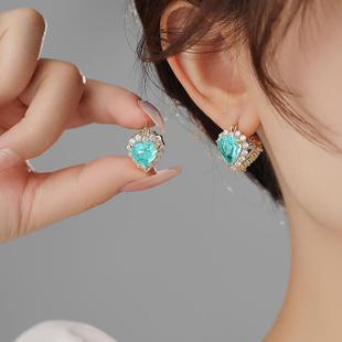 耳环 新款 气质轻奢风蓝色锆石双面爱心耳扣高级感设计小众耳饰法式
