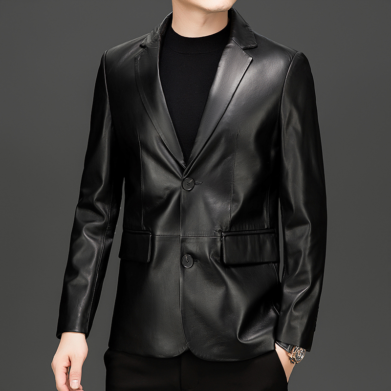 100％绵羊皮真皮皮衣男黑色西装领修身皮夹克商务外套极简风
