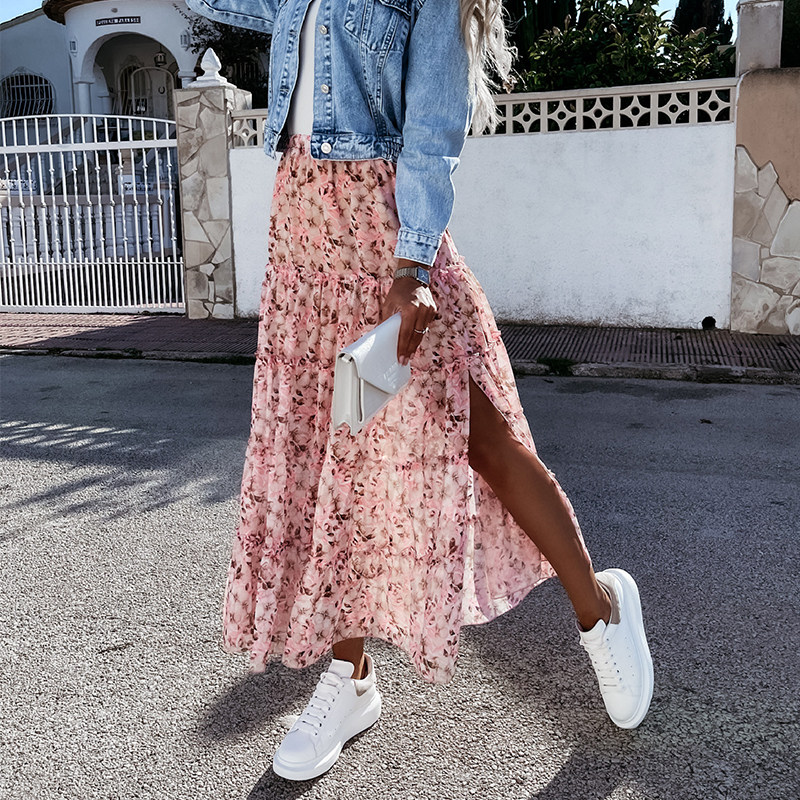 极速.Summer High Waist Long Print Skirt Floral Split Y2023 W