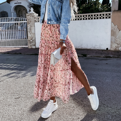 极速.Summer High Waist Long Print Skirt Floral Split Y2023 W