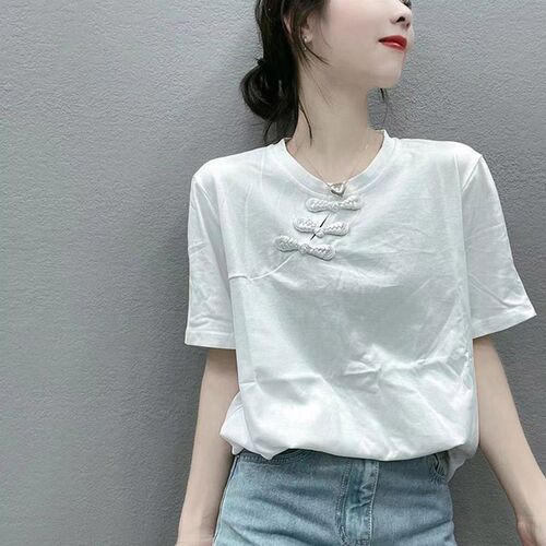 新品新中式复古盘扣短袖tt恤女夏季时尚小众设计感轻国风圆领半袖