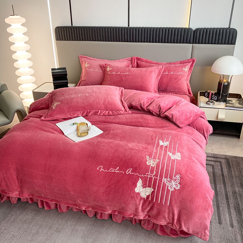 极速202d3新款牛奶绒绣花夹棉牀盖四件套冬季加厚保暖被套高端牀