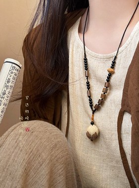 极速国风禅意~古风木珠白玉菩提项链女新中式复古小Y众设计长款毛