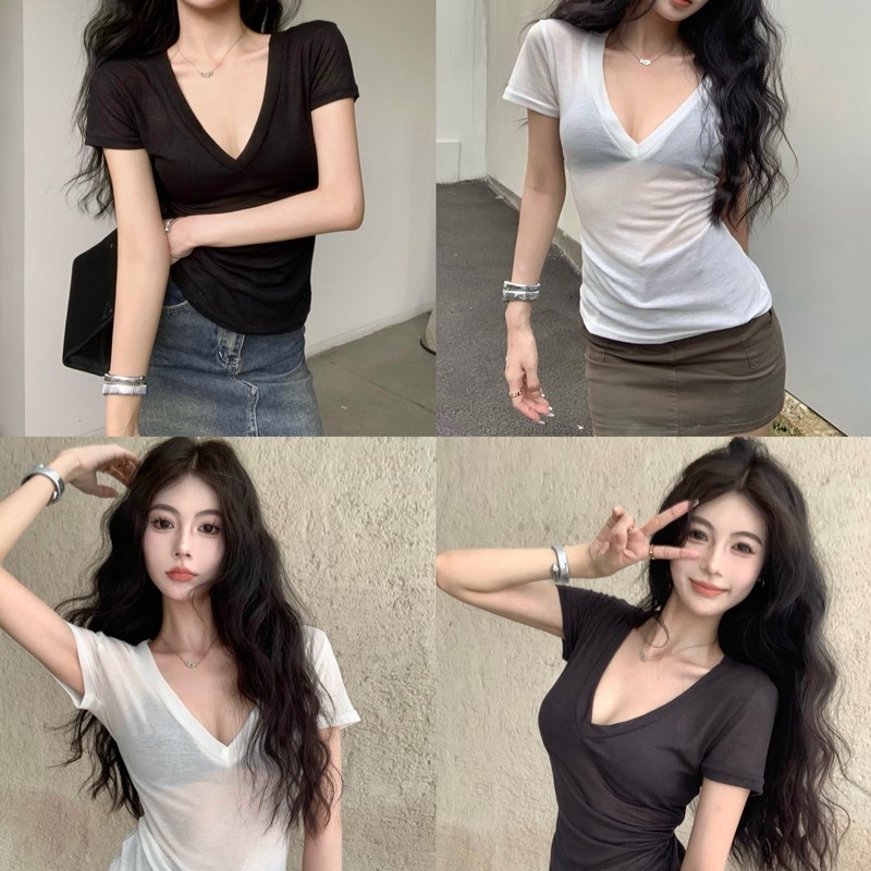 新品白色v领短袖T恤女夏季纯欲辣妹薄款透M视罩衫修身紧身收腰正