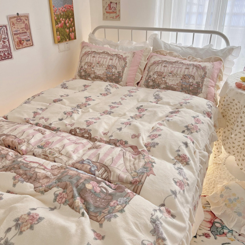 极速花园熊冬季牛奶绒四件套可爱少D女公主风床上保暖加绒加厚双,床上用品,床品套件/四件套/多件套,淘宝优惠券,粉丝福利购,淘宝优惠卷
