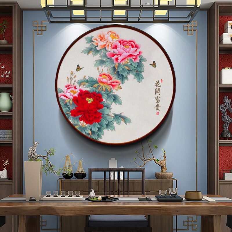 极速新中式牡丹花玄关入户装饰A画客厅饭厅轻奢花开富贵圆形挂画图片