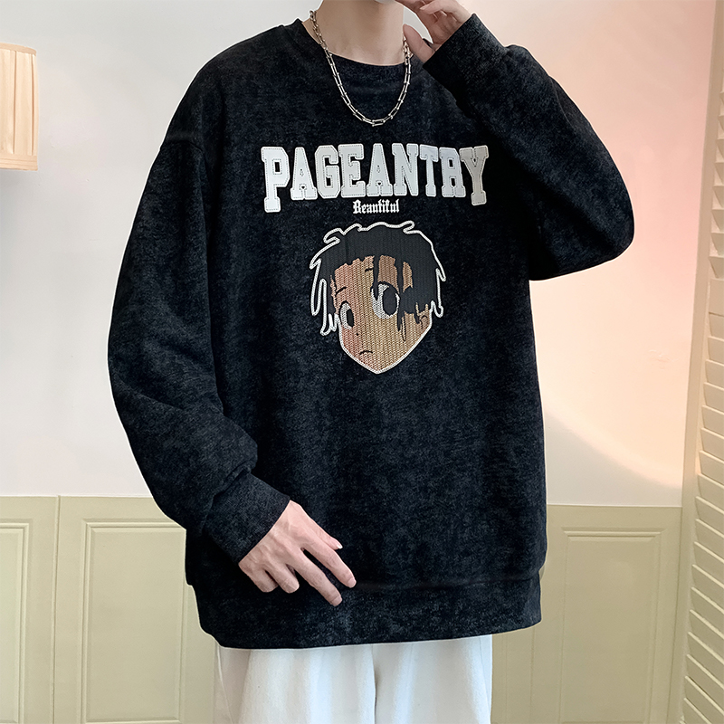 当潮马男士春秋季圆领内搭打底衫港风卡通印花潮上衣套头卫衣Y282