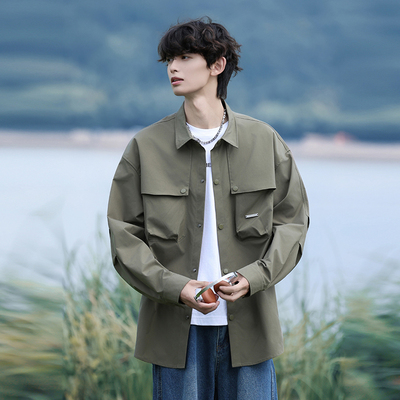 当潮马秋季复古翻领口袋男士休闲衬衫长袖打底衫时尚上衣外套G801