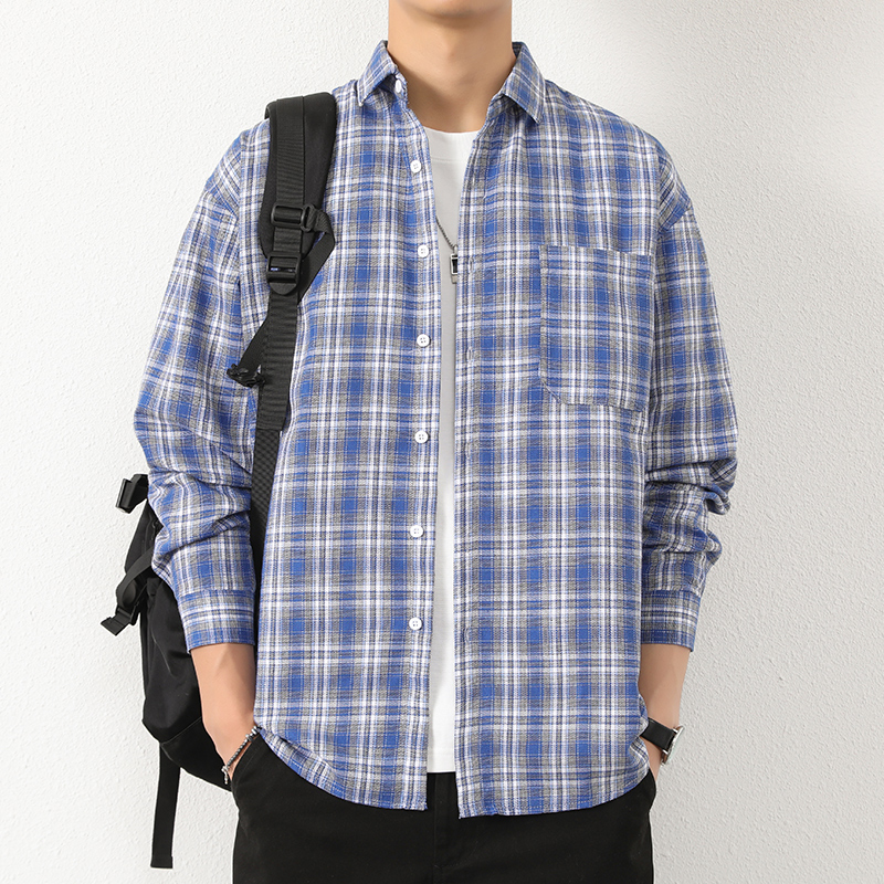 当潮马港仔文艺男长袖格子衬衫男春秋复古男生衬衣外套男款S188