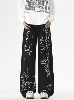 当潮马街头涂鸦做旧牛仔裤男新款高街黑色水洗宽松直筒裤LLC2515