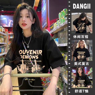 t恤女宽松学生百搭上衣ins潮 Dangii夏季 韩版 新款 圆领鄙视图案短袖