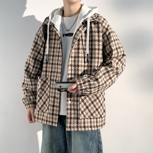 秋冬格子上衣ins美式 当潮马休闲外套男新款 宽松假两件连帽JS5011