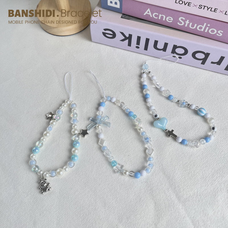 蓝白手机挂绳diy串珠挂链