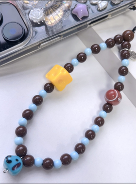 手机链小狗橄榄球可爱卡通奶酪简约时尚纯手工彩色串珠ccd相机适用通用手机壳挂手腕手提防丢防摔女士手机绳