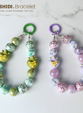 手机壳挂扣链条电镀玻璃手绘珠珠挂饰手机防丢防摔挂绳链条女短款便捷钥匙扣串珠ccd手工自制挂坠ins手机链