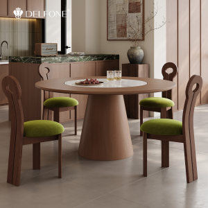 德利丰中古风可拆卸内嵌岩板转盘圆餐桌家用小户型电磁炉多功能桌