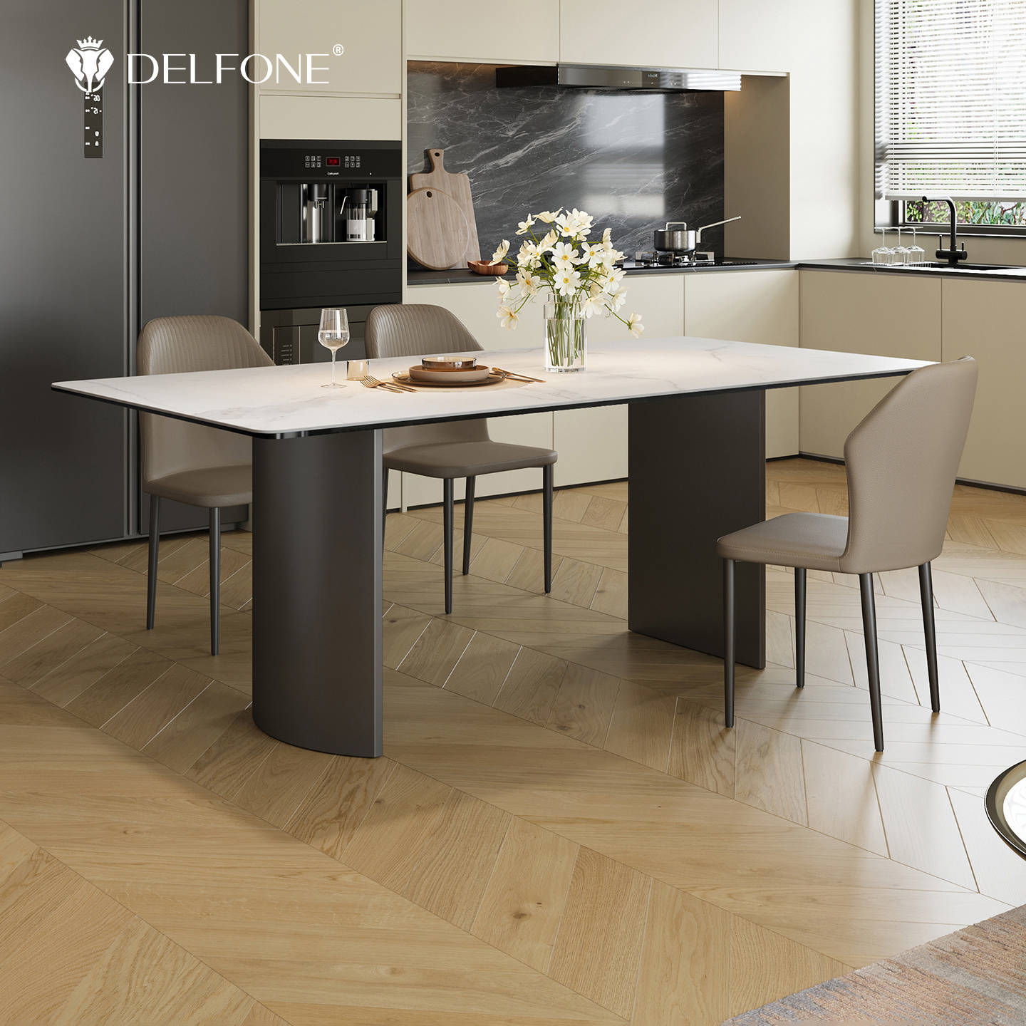 德利丰岩板餐桌现代简约风高级感3D肌理大师不锈钢长方形饭桌椅子