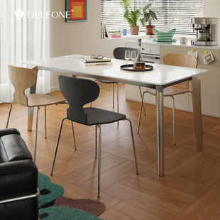 德利丰餐桌奶油中古风家用小户型长方形不锈钢亮面岩板餐桌椅子
