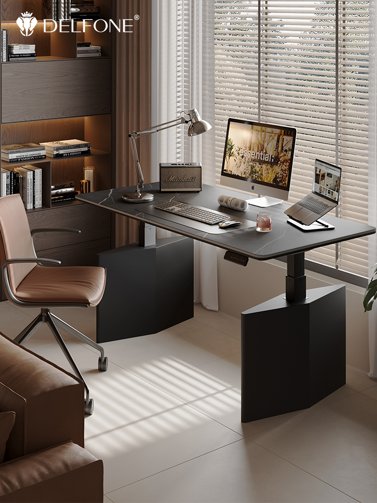 德利丰双电机电动升降桌岩板桌面电脑办公桌菱形桌脚智能书桌