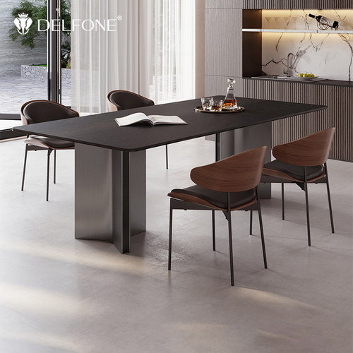 德利丰不锈钢流沙黑岩板餐桌