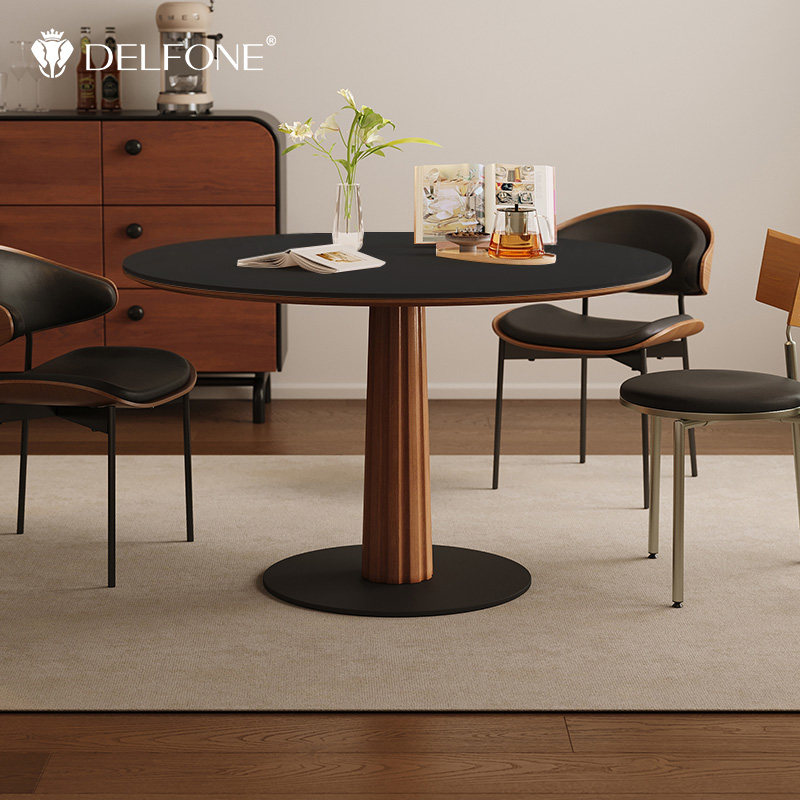 德利丰实木中古风圆形岩板餐桌