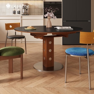 德利丰岩板餐桌可伸缩折叠家用中古风餐桌简约小户型黑色方圆桌