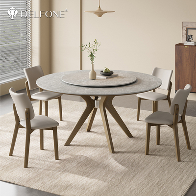 德利丰实木岩板餐桌椅组合白蜡木圆桌侘寂中古风带转盘家用饭桌
