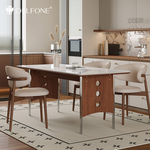 德利丰实木中古风长方形岩板餐桌