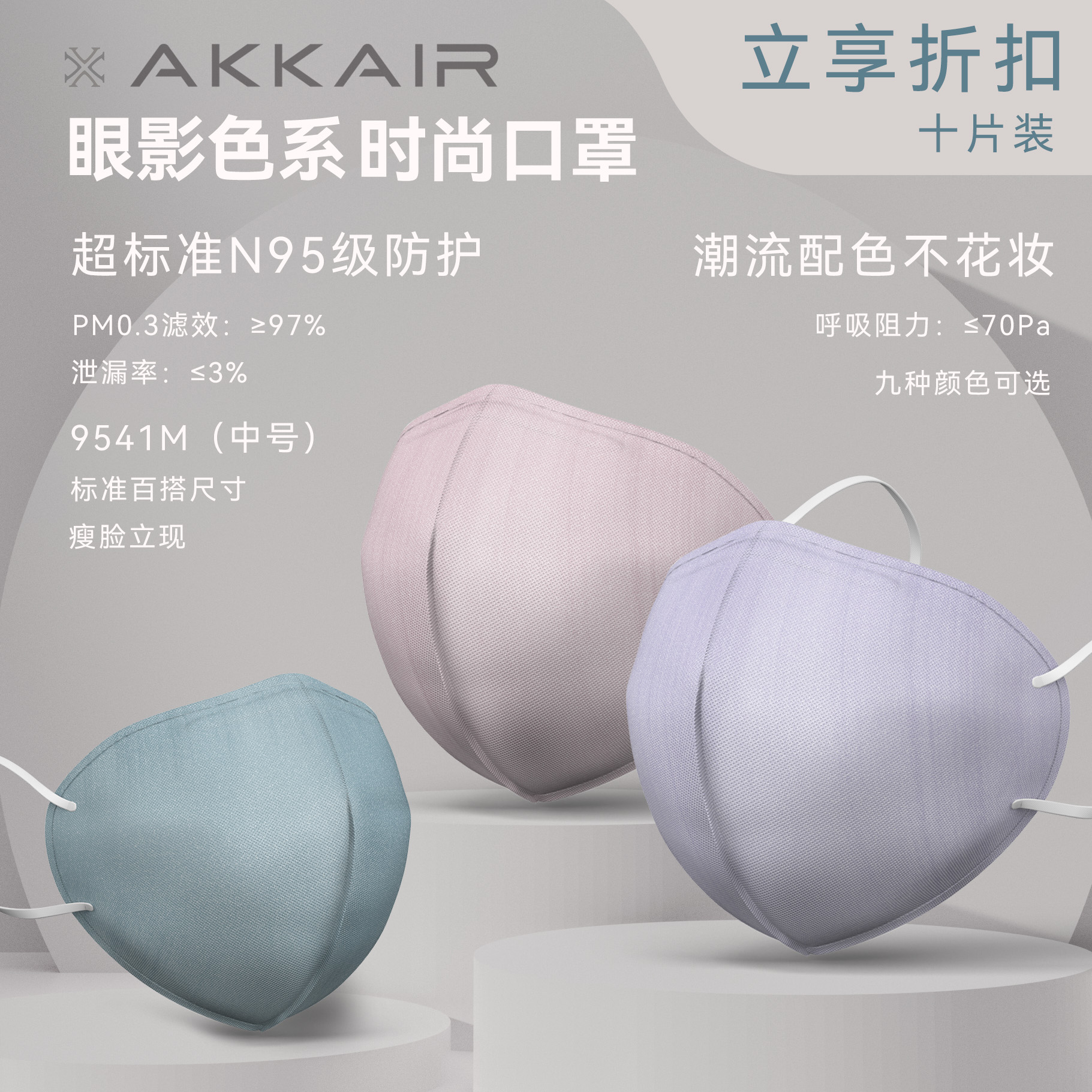 眼影无阀中号10片替换装M95M AKKAIR KN95防护口罩 不含支架