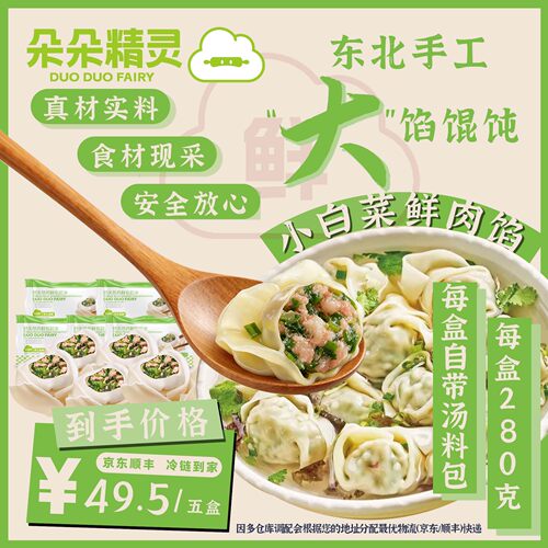 朵朵精灵.朵朵吉祥馄饨云吞抄手 小白菜鲜肉馄饨5盒*280g手工大馅