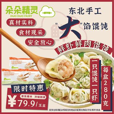 朵朵精灵.朵朵吉祥馄饨云吞抄手  大虾鲜肉馄饨5盒*280g 手工大馅