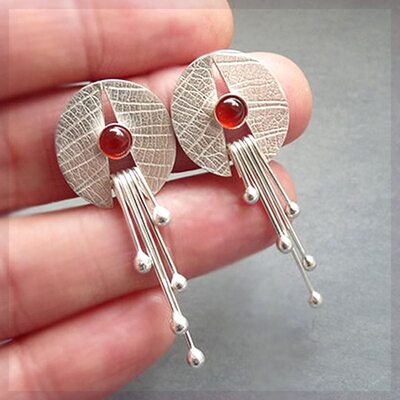 Silver Plated Separated Lotus Leaf Inlaid Red Stone Earrings