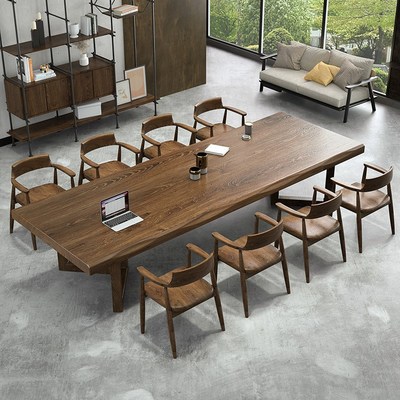 现代简约实木会议桌长桌工作台办公室商用原木大板桌W4人6人洽谈